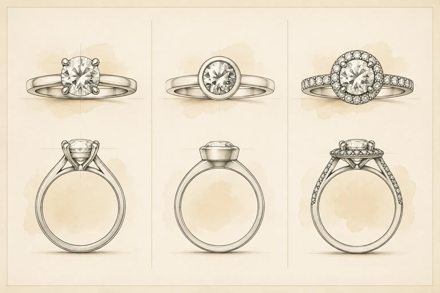 Custom ring comparison views showing prong, bezel, and halo setting directions