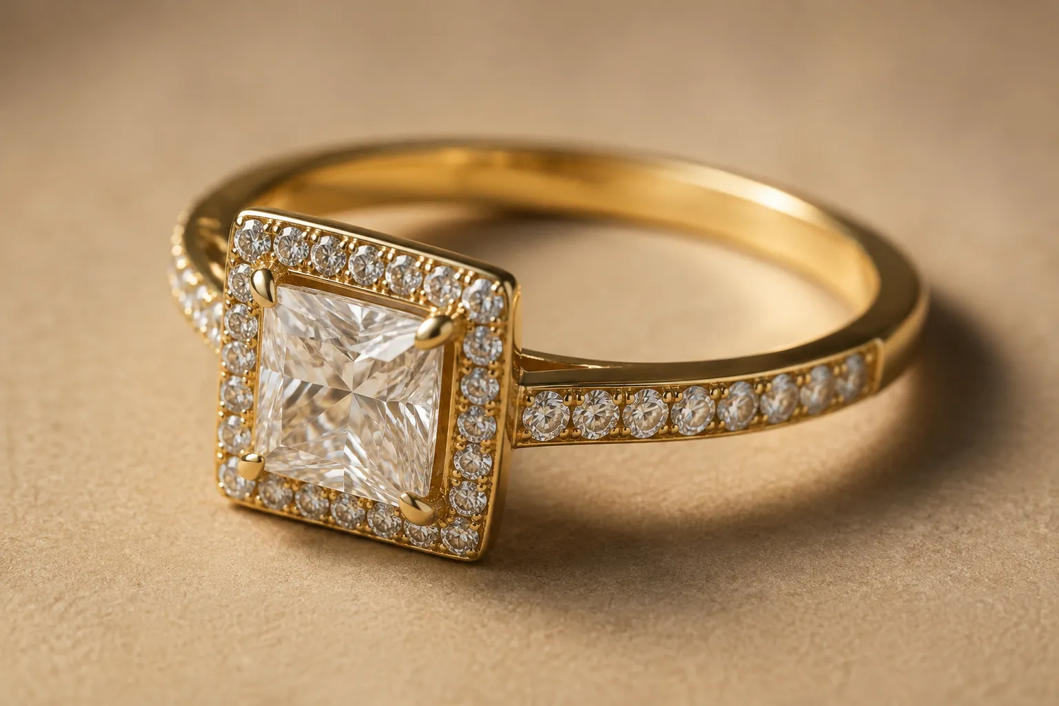 Angled ring rendering illustrating how perspective can change apparent stone and shank proportions