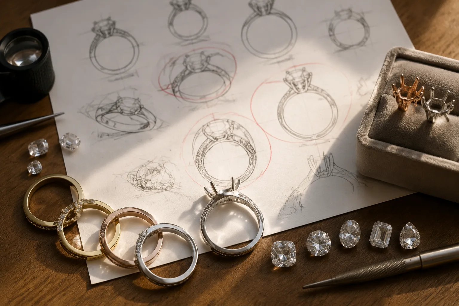 Jewelry concept views arranged for comparison of band width, setting height, and stone shape