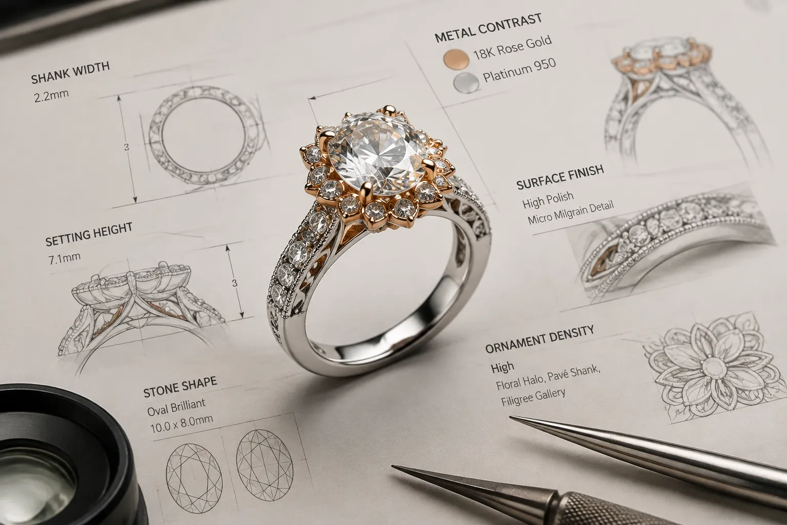 Close jewelry design study of silhouette, setting, stone shape, finish, and ornament density
