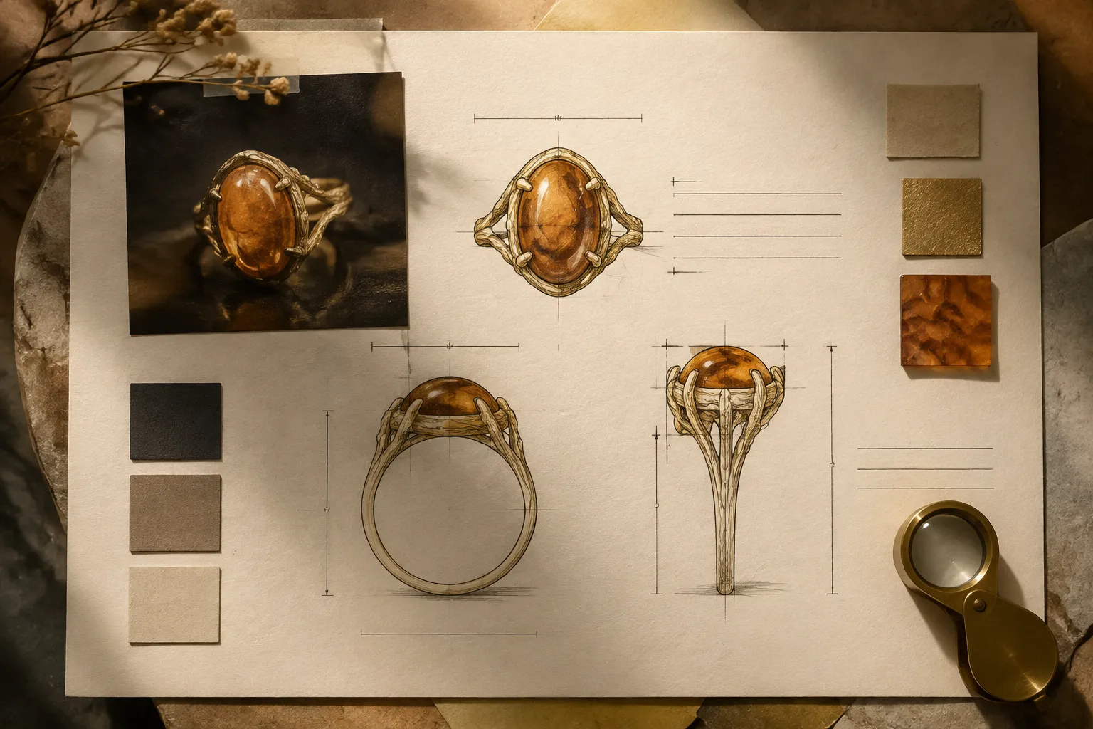 Jewelry design handoff note with labeled observations, assumptions, and confirmation owners