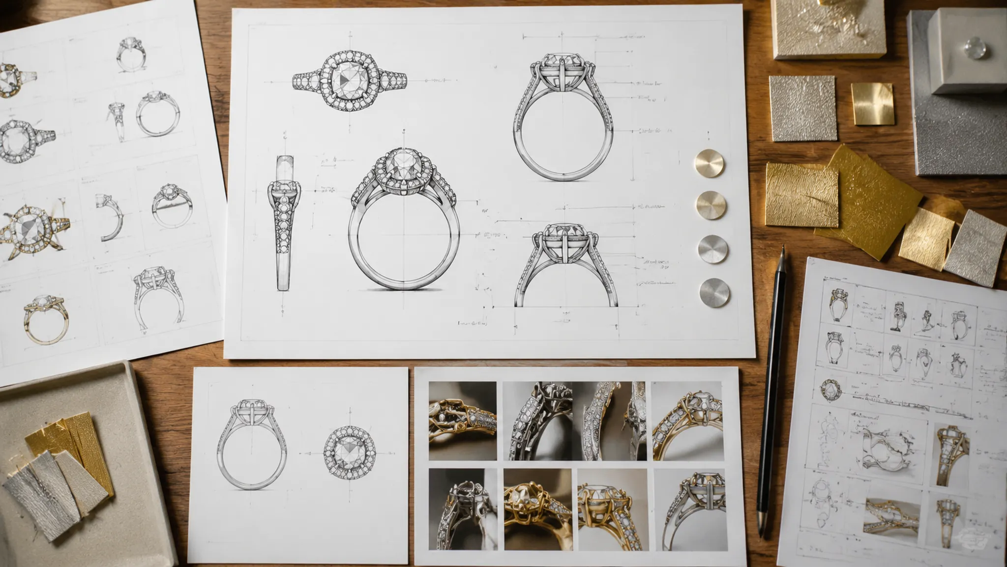 Jewelry concept brief with ring views, reference records, and revision notes arranged for review