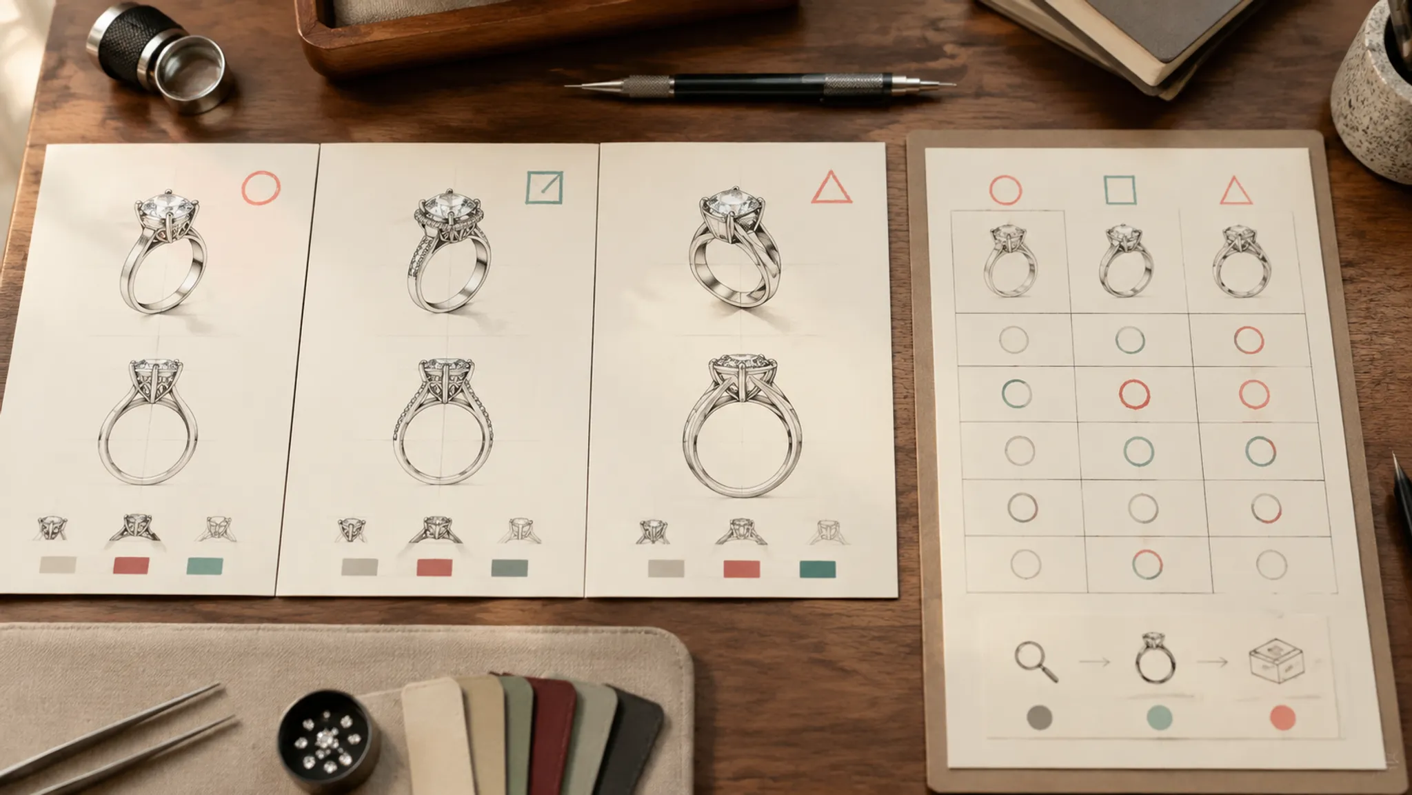 Ring concept comparison board with marked revision states and unresolved handoff questions