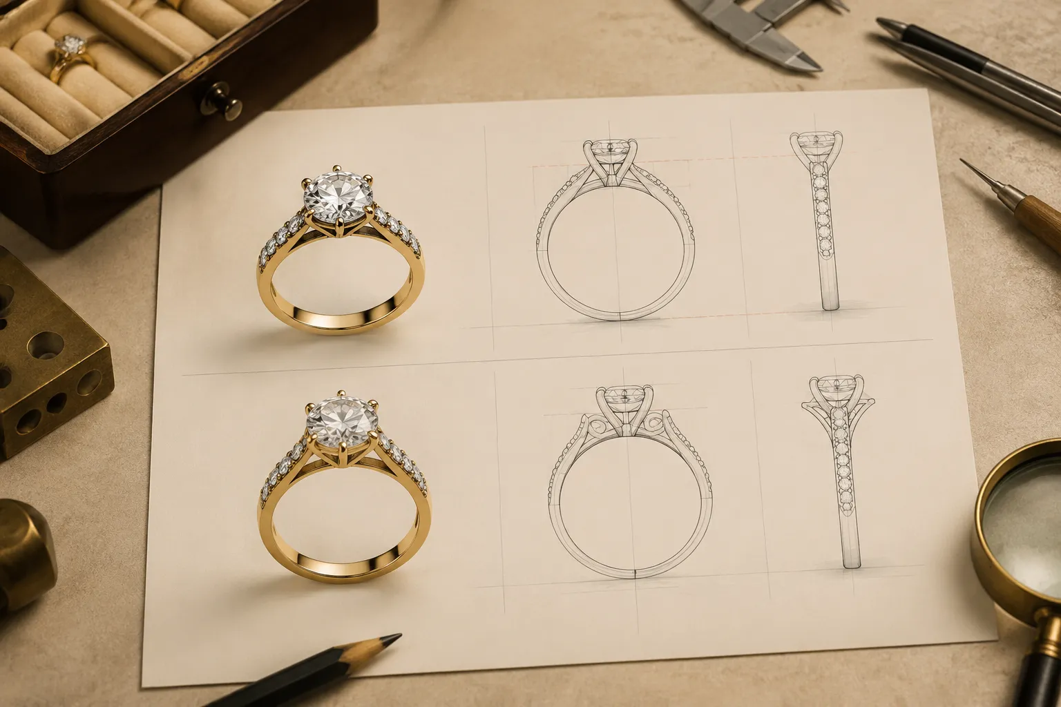 Orthographic and perspective jewelry design views