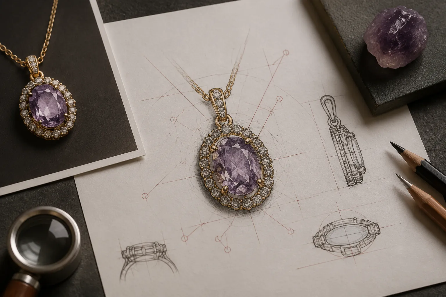 Annotated jewelry preview prepared for a design handoff