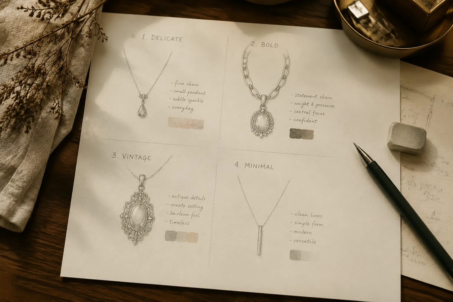 Jewelry design study comparing delicate bold vintage and minimal silhouettes