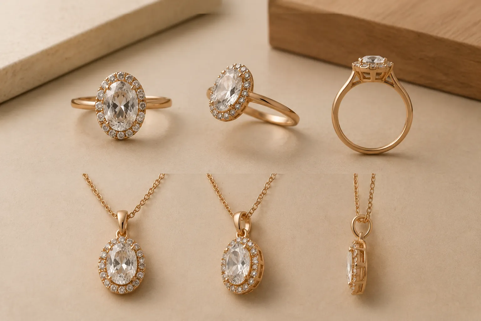 Annotated jewelry reference image comparing front, angled, and side views for a design brief