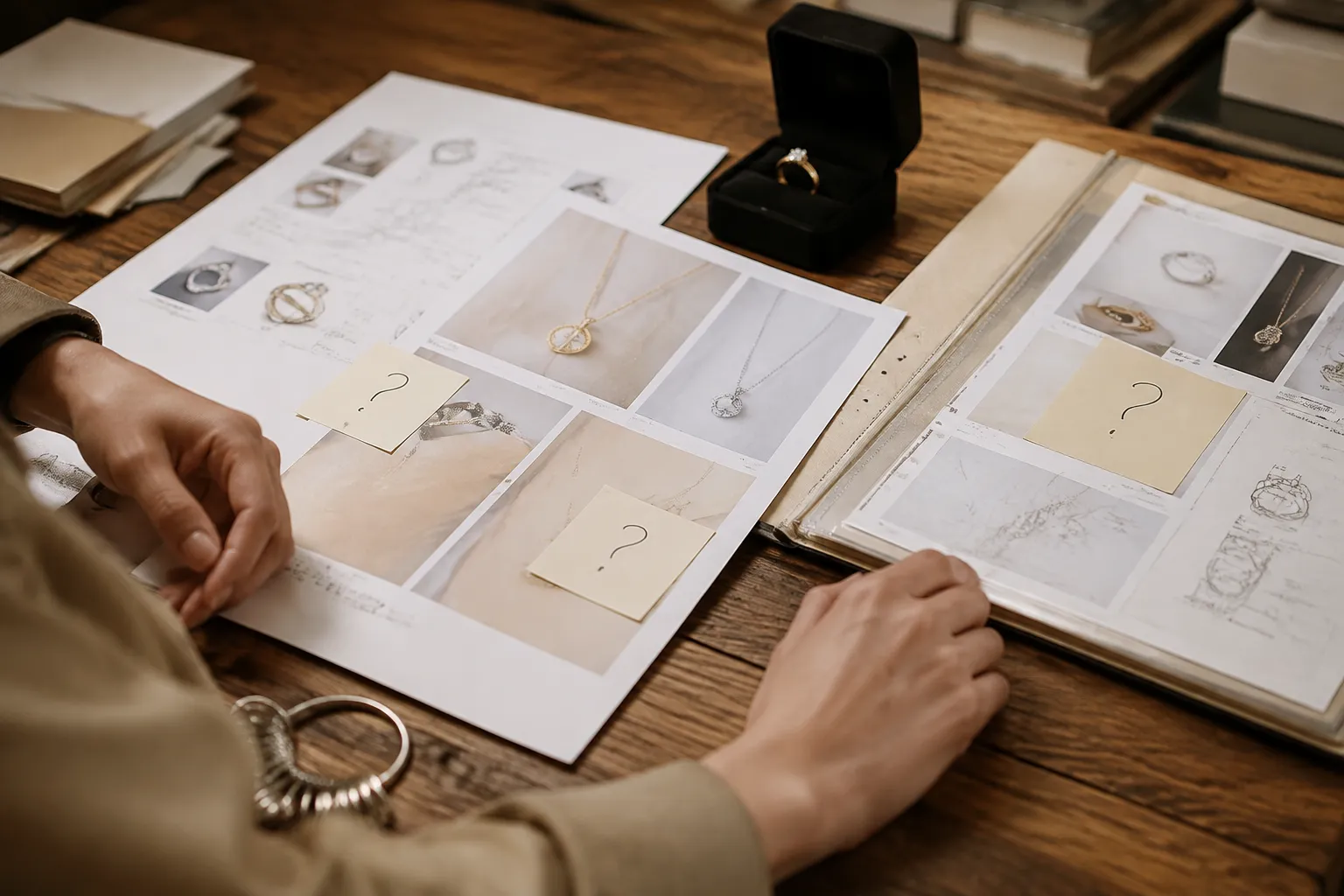 Jewelry consultation handoff notes with comparison views and unresolved questions