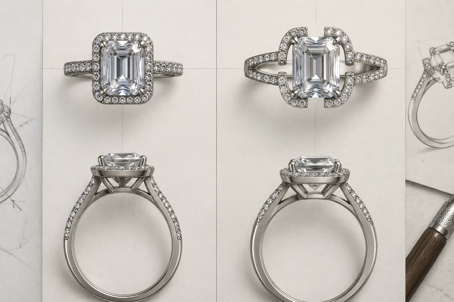 Comparison board showing compact and open jewelry concept directions from matching viewpoints