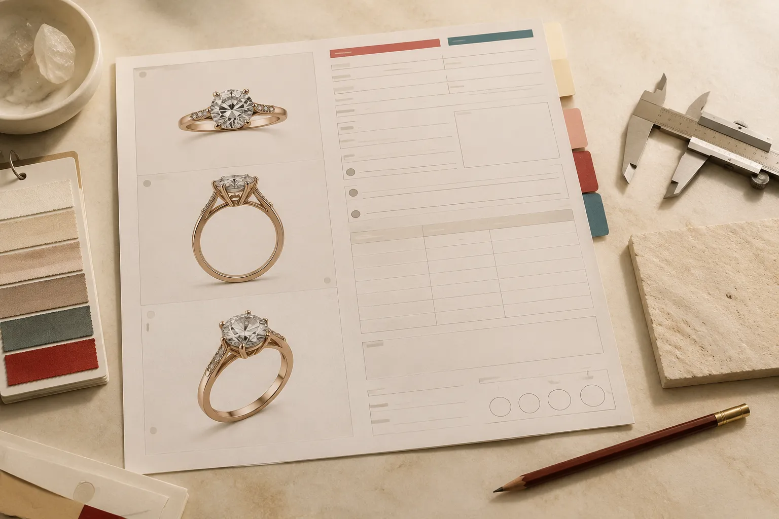 Jewelry revision sheet beside ring front and profile previews with evidence and owner fields