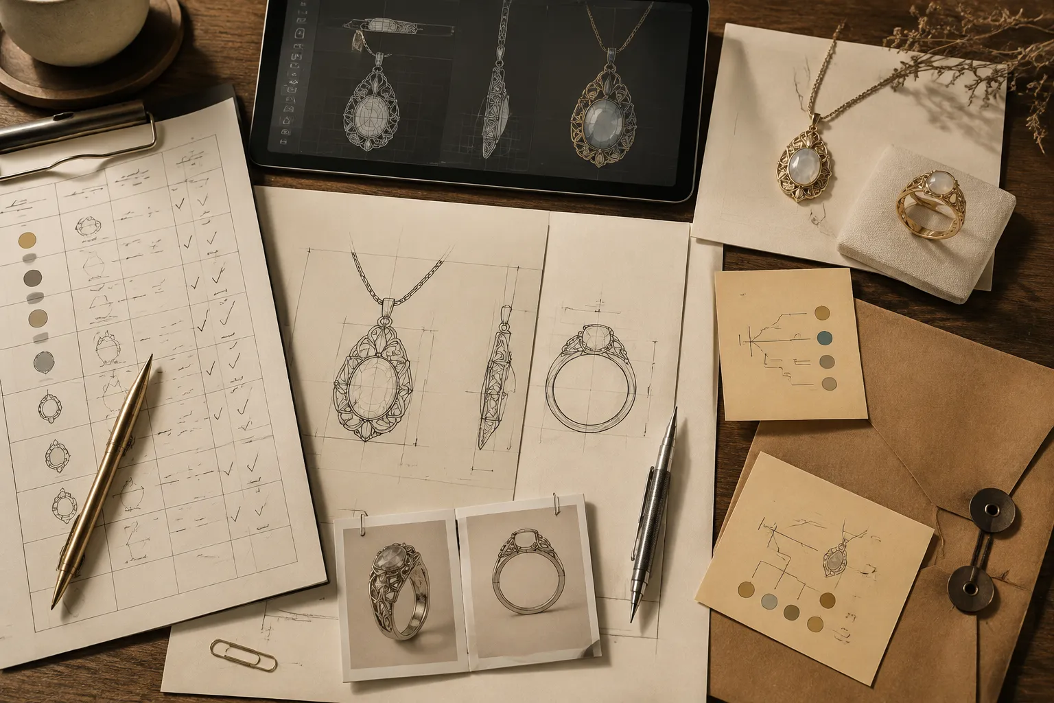 Jewelry revision log beside a concept preview and handoff notes