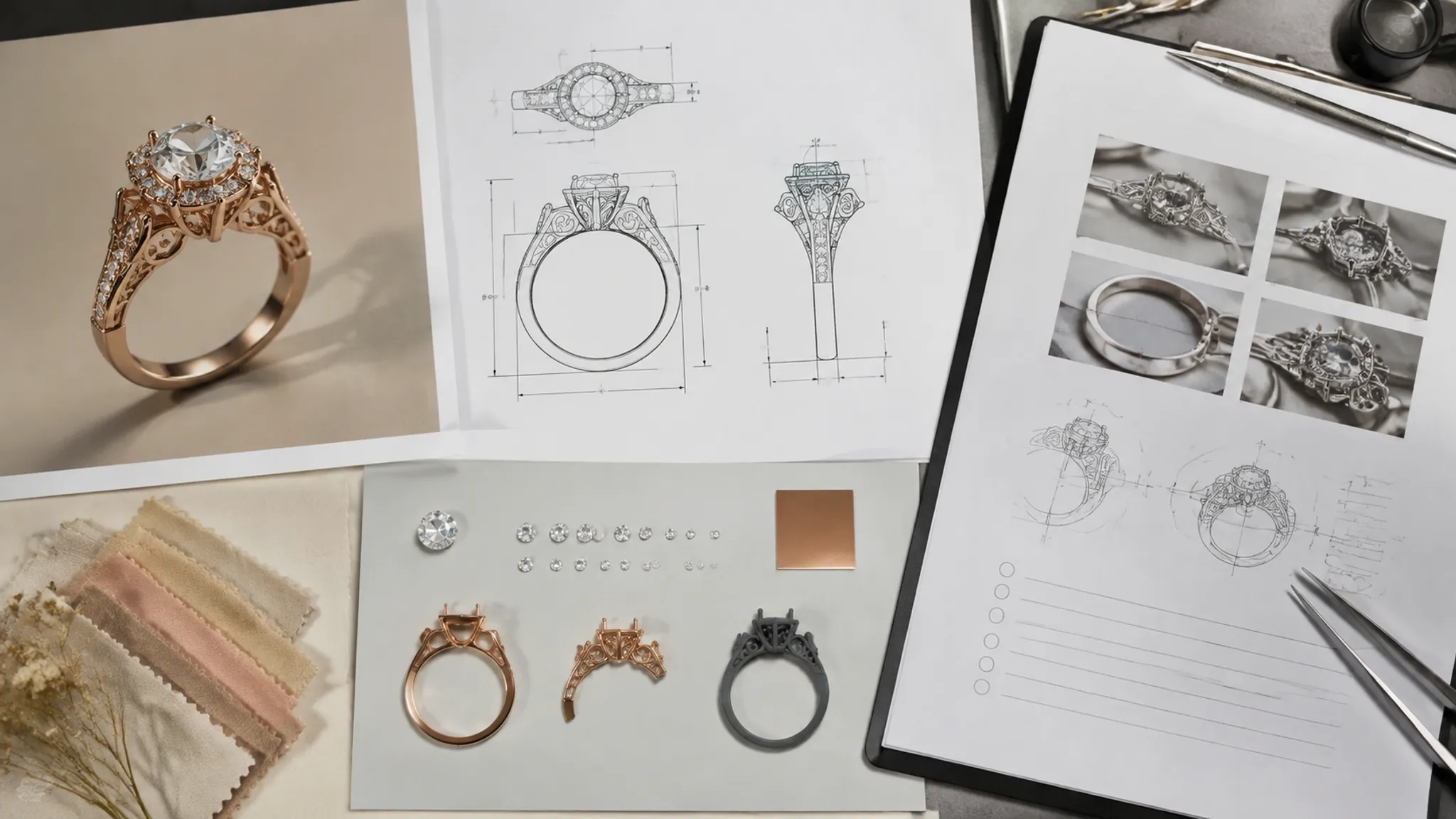 Jewelry concept handoff sheet showing CAD, sourcing, measurement, and workshop review stages