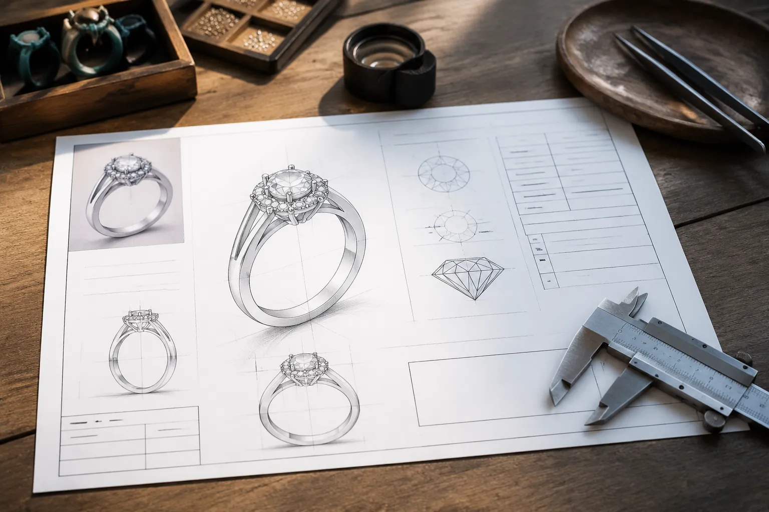 Jewelry workshop handoff showing concept views, measurement fields, and open technical questions