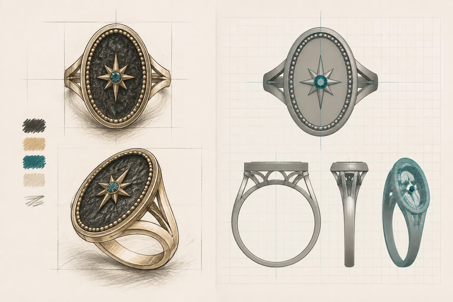 Side-by-side ring concept preview and CAD development view emphasizing their different review purposes