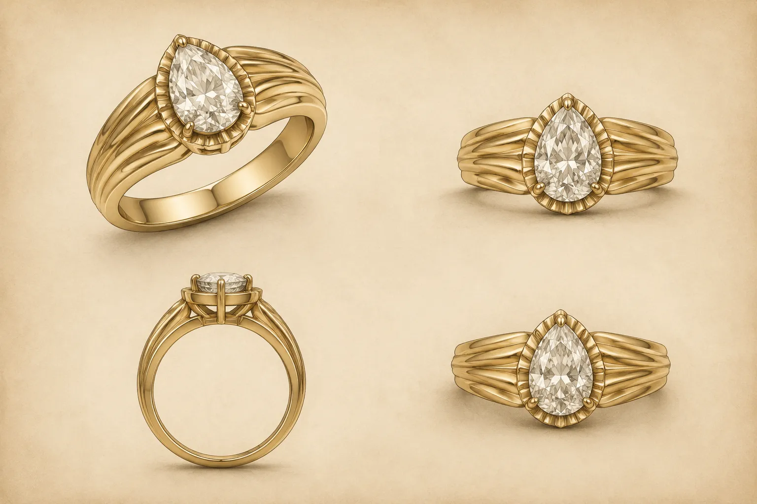 Multi-view jewelry concept board with hero, front, side, and top perspectives