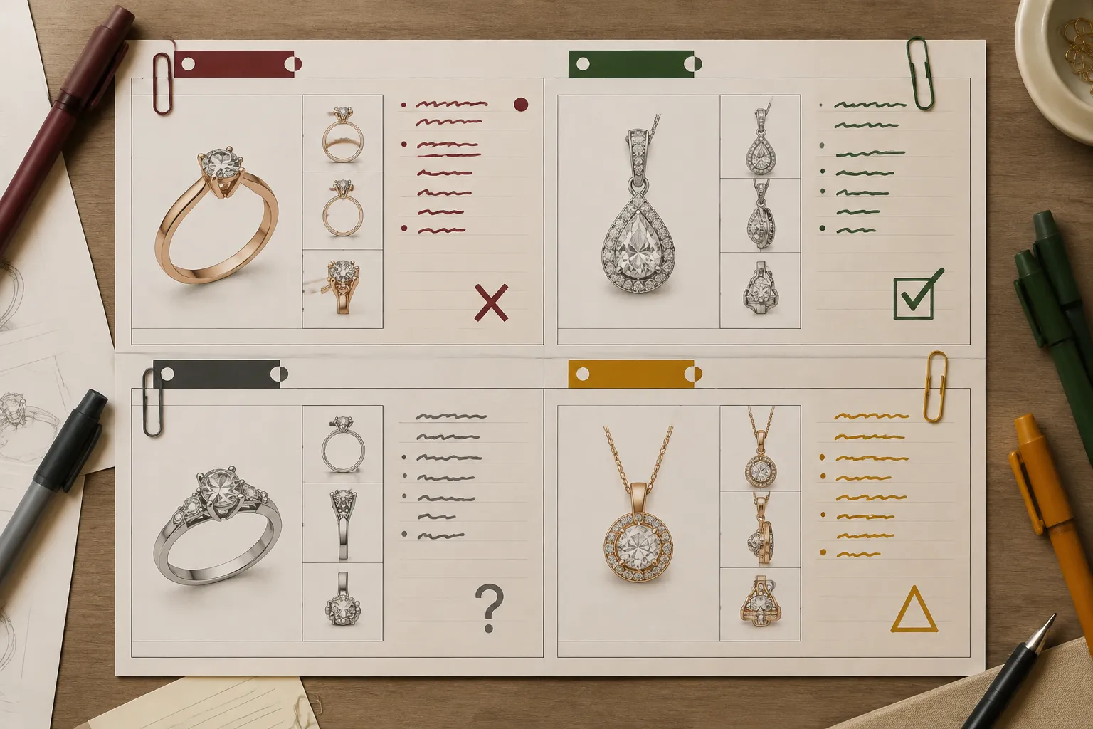 Four-part jewelry revision board showing requested, accepted, rejected, and pending decisions