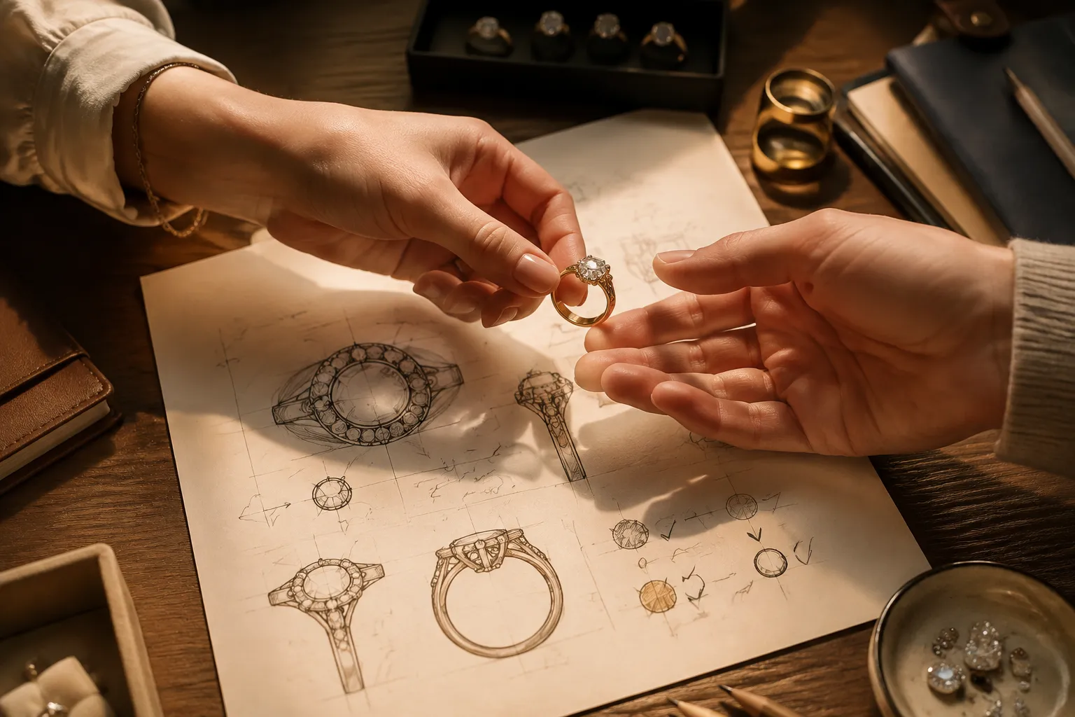 Jewelry handoff board connecting style labels to visible form and technical review questions