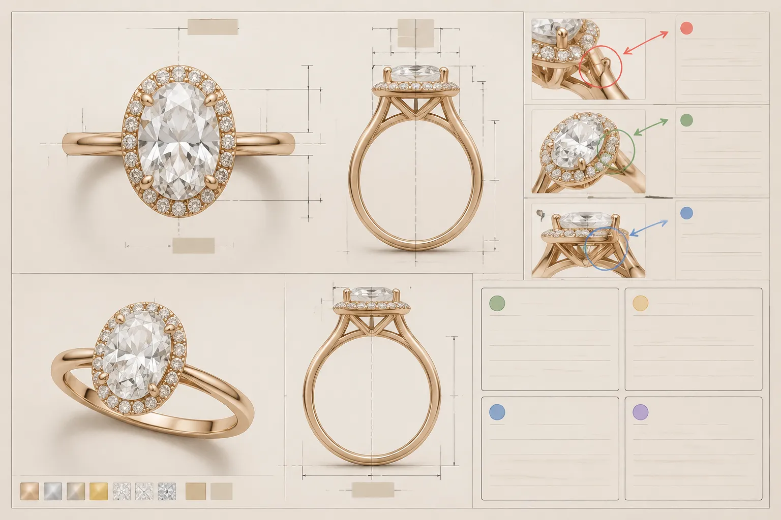 Worked oval halo ring handoff with visible features, assumptions, measurements, and approval status