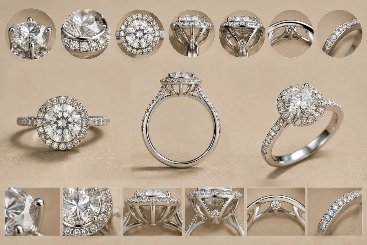 Jewelry setting comparison board with prongs, bezel, halo, and shank details