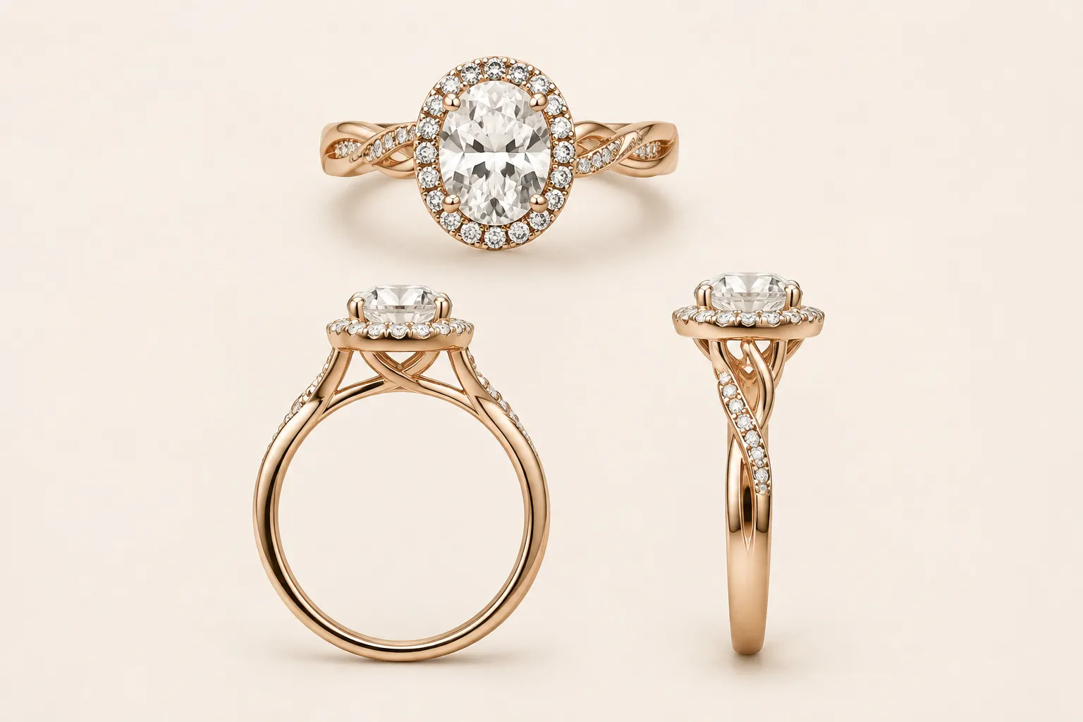 Jewelry ring concept preview comparing top, front, and side setting views