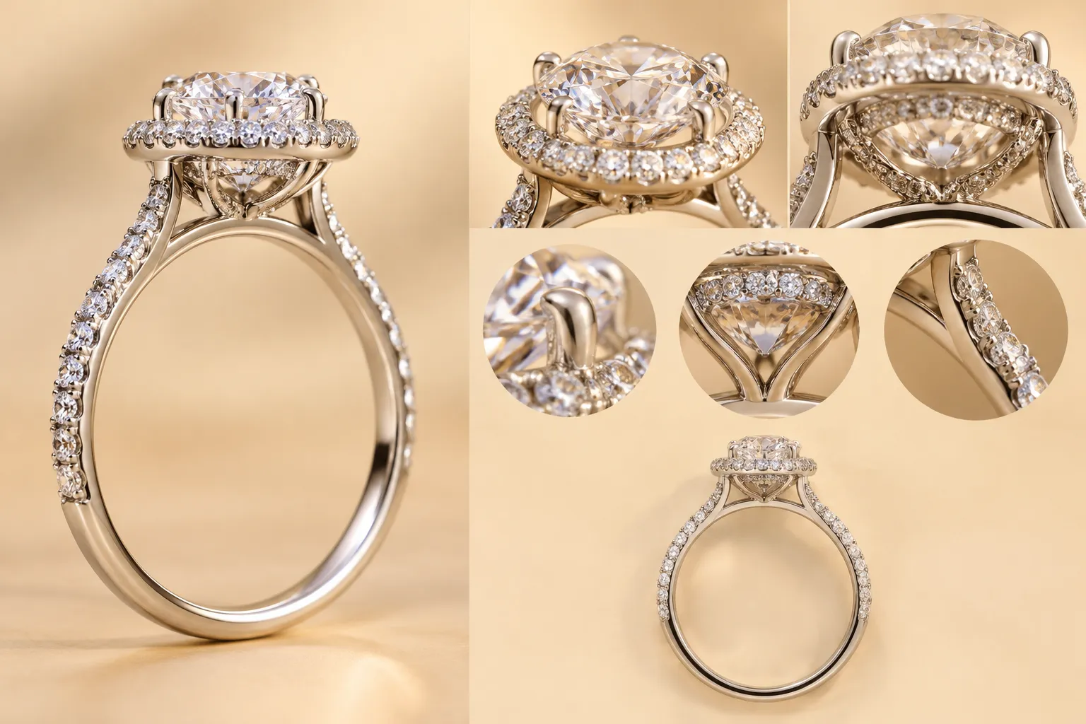Close side profile of a halo ring showing gallery and hidden halo detail